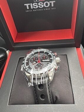 Tissot Black Silver Men's Chronograph Watch with Red Accents